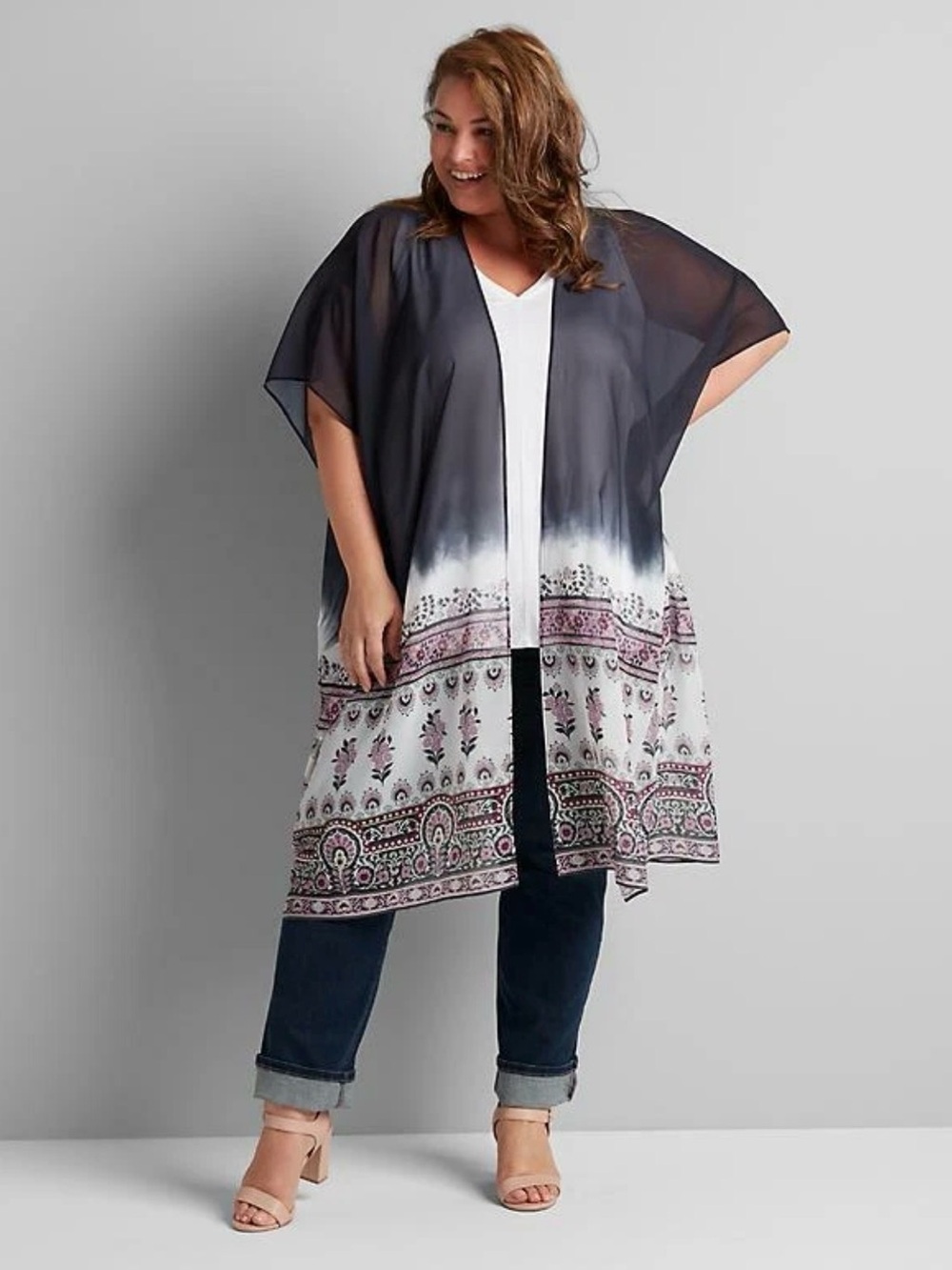 NWT Lane Bryant Blue With Multi-Color Floral Chiffon Kimono Over Piece O/S